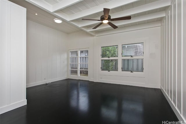 spare room featuring beamed ceiling, ceiling fan, and dark wood-type flooring