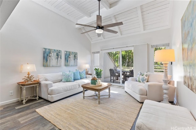 living room with ceiling fan, beamed ceiling, high vaulted ceiling, and wood-type flooring