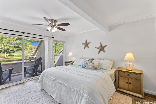 bedroom featuring ceiling fan, beamed ceiling, access to outside, hardwood / wood-style flooring, and ornamental molding