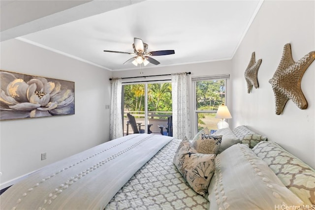 bedroom featuring access to outside, ceiling fan, and ornamental molding