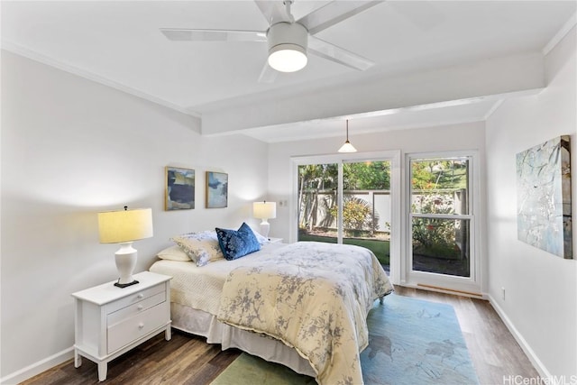 bedroom with ceiling fan, beam ceiling, dark hardwood / wood-style flooring, and access to outside