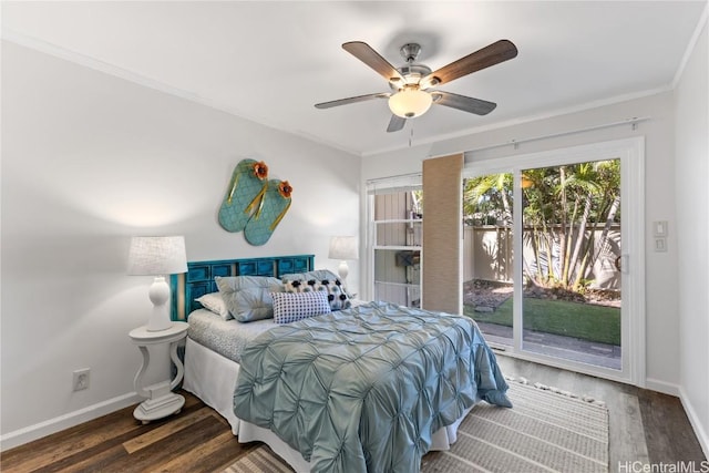 bedroom with access to exterior, dark hardwood / wood-style floors, ceiling fan, and crown molding