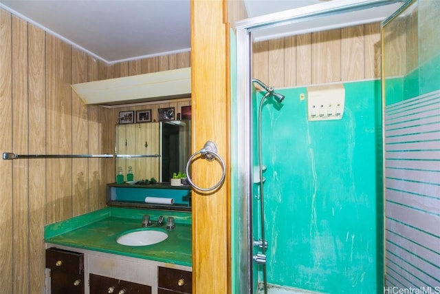 bathroom featuring vanity and wooden walls