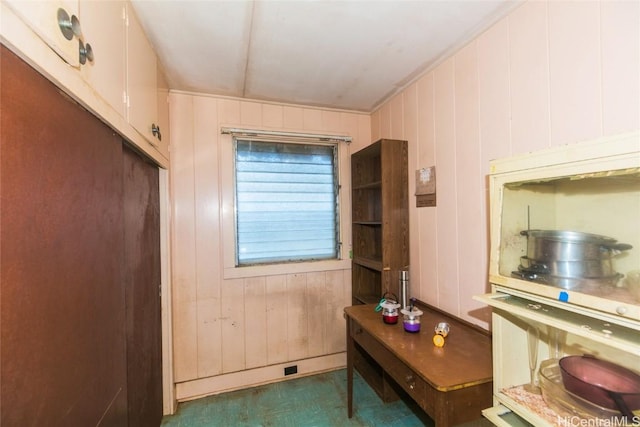 doorway with wooden walls