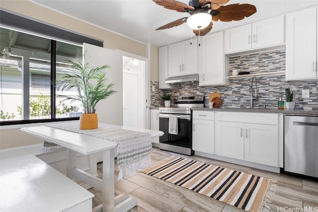 kitchen with decorative backsplash, appliances with stainless steel finishes, white cabinetry, and sink