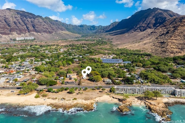 bird's eye view featuring a water and mountain view