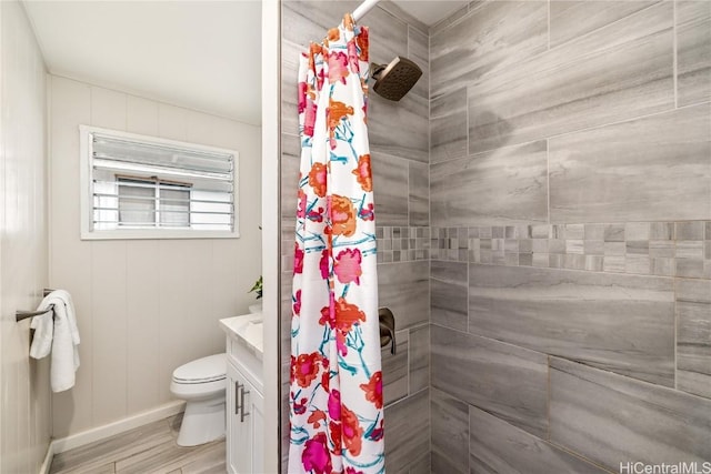 bathroom with vanity, wood-type flooring, toilet, and a shower with shower curtain