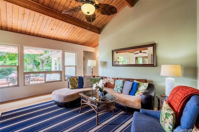 living room with ceiling fan, hardwood / wood-style floors, wood ceiling, and vaulted ceiling with beams