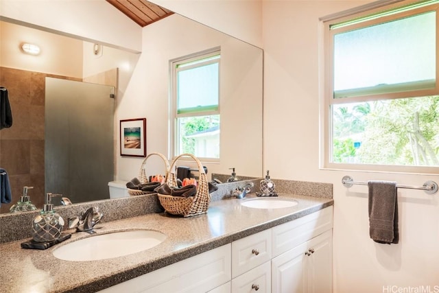 bathroom with vaulted ceiling, a healthy amount of sunlight, walk in shower, and vanity