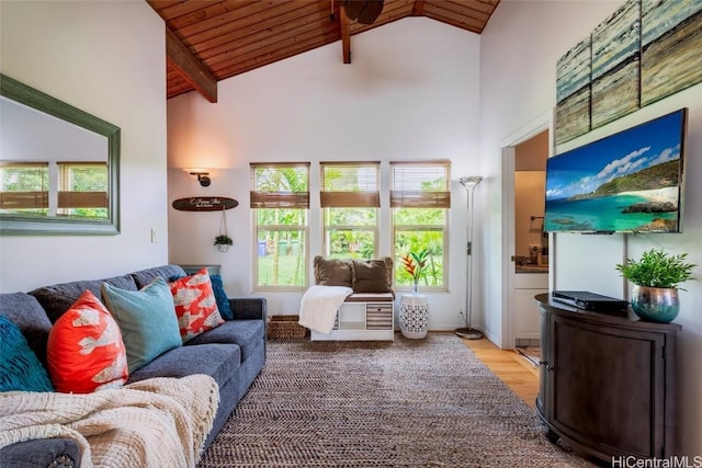 living room featuring high vaulted ceiling, wood ceiling, beamed ceiling, and light hardwood / wood-style floors