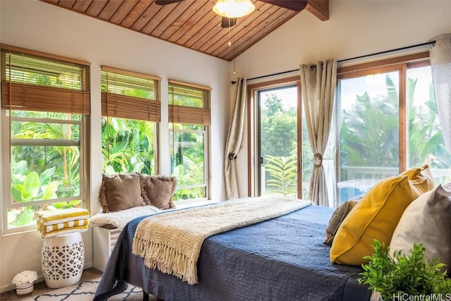 bedroom featuring ceiling fan, wood ceiling, access to outside, and lofted ceiling with beams