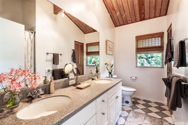 bathroom featuring toilet, vanity, vaulted ceiling, and wood ceiling