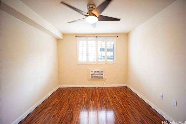 empty room featuring a wall mounted AC, ceiling fan, and hardwood / wood-style floors