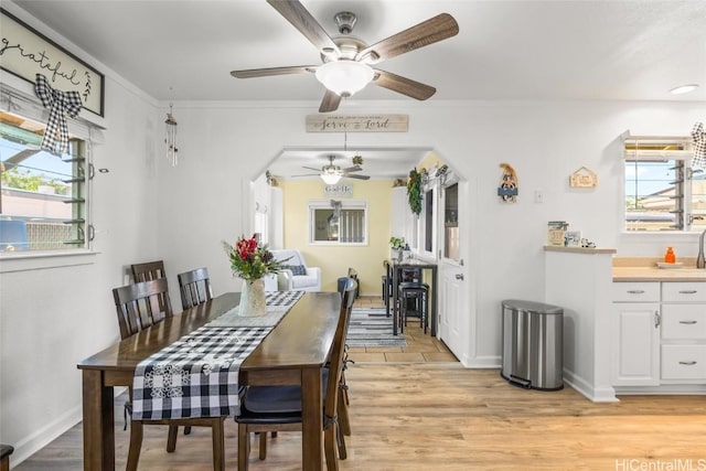 dining area featuring light wood-type flooring, ceiling fan, and a healthy amount of sunlight