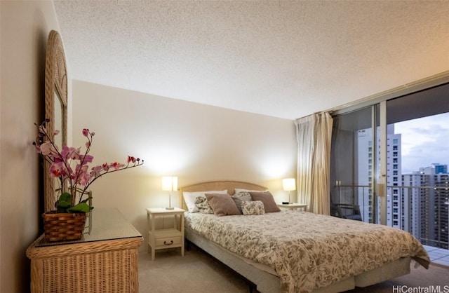 bedroom featuring access to exterior, light carpet, and a textured ceiling