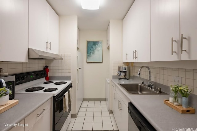 kitchen featuring white cabinets, white appliances, backsplash, and sink