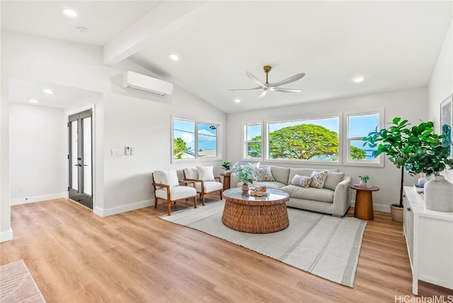 living room with ceiling fan, light wood-type flooring, vaulted ceiling with beams, and a wall unit AC