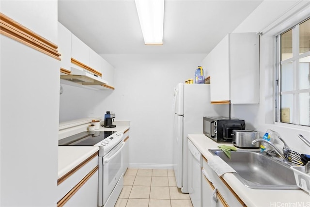 kitchen featuring sink, white cabinets, ventilation hood, white appliances, and light tile patterned floors