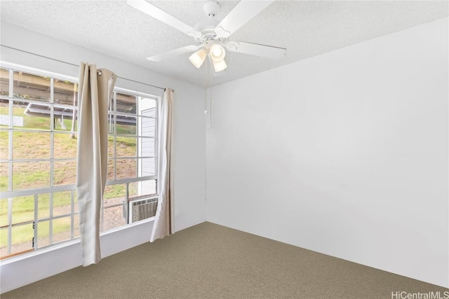 spare room featuring carpet, ceiling fan, and a textured ceiling