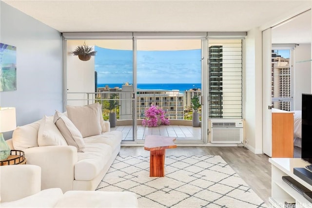 living room featuring cooling unit, light hardwood / wood-style floors, and a wall of windows