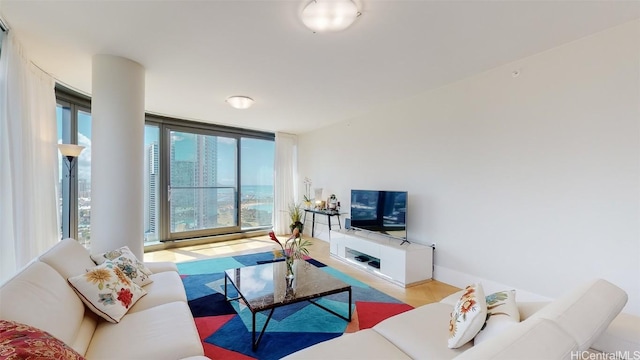 living room featuring a wall of windows and light hardwood / wood-style flooring