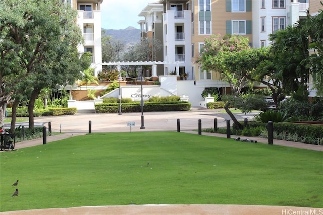 view of home's community with a mountain view and a lawn