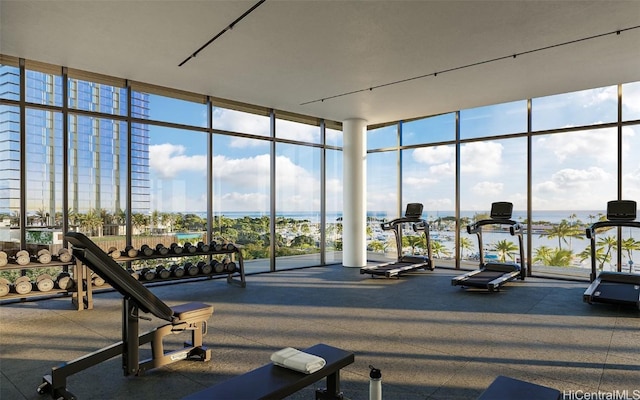 exercise room featuring expansive windows and a water view