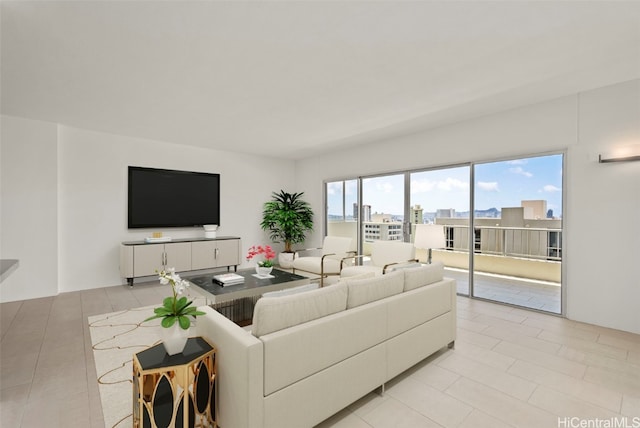 living room featuring light tile patterned flooring