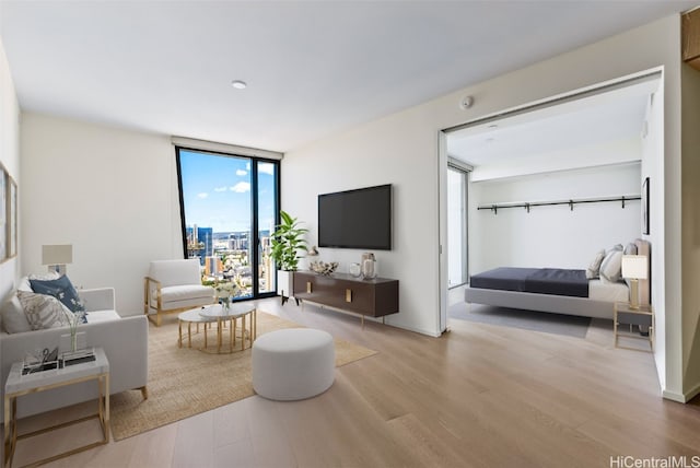 living room featuring light hardwood / wood-style flooring and a wall of windows