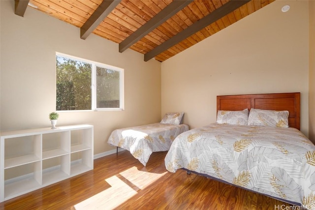 bedroom featuring lofted ceiling with beams, wood-type flooring, and wooden ceiling