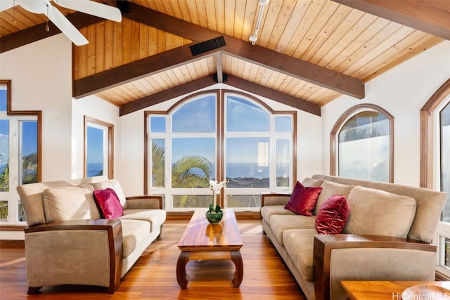 living room with beam ceiling, ceiling fan, wooden ceiling, and hardwood / wood-style flooring