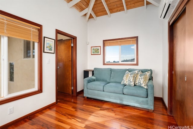 living room with hardwood / wood-style floors, lofted ceiling with beams, wood ceiling, and a wall mounted AC