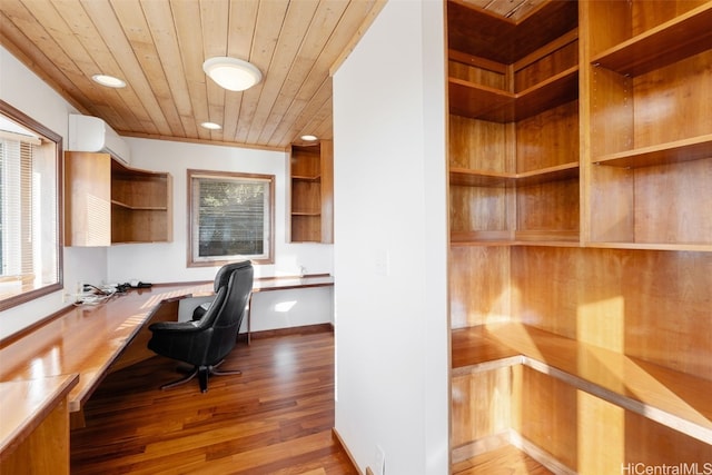 office featuring a wall mounted air conditioner, wood-type flooring, built in desk, and wood ceiling