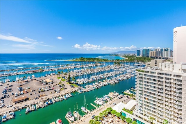 birds eye view of property with a water view