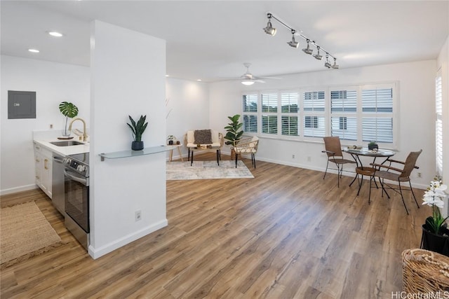 kitchen featuring ceiling fan, sink, stainless steel appliances, and hardwood / wood-style flooring