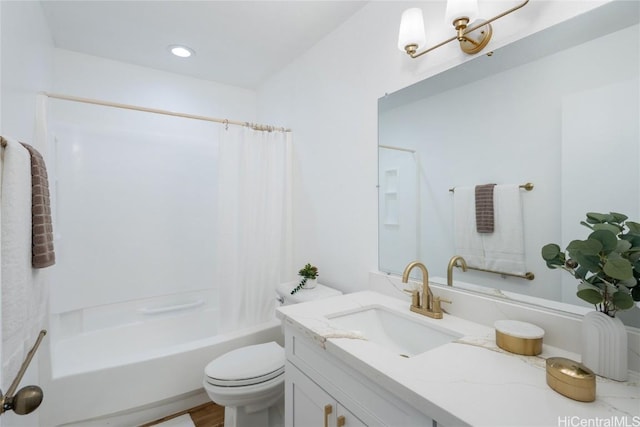 full bathroom with vanity, toilet, wood-type flooring, and shower / tub combo with curtain