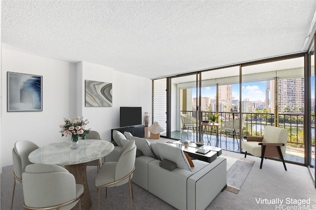 carpeted living room featuring floor to ceiling windows and a textured ceiling