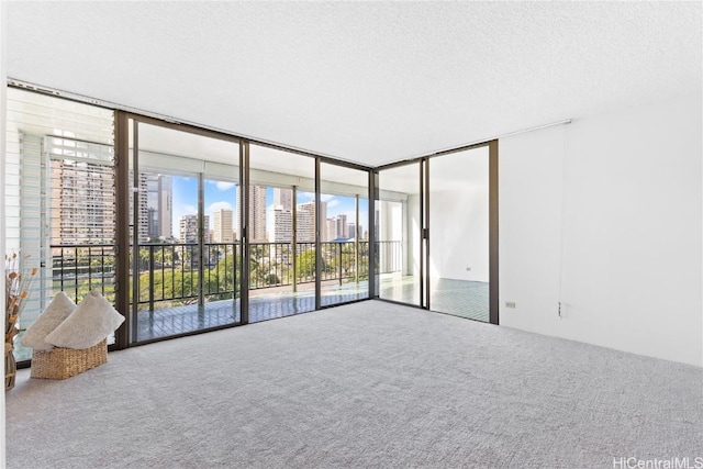 carpeted spare room featuring a wall of windows and a textured ceiling