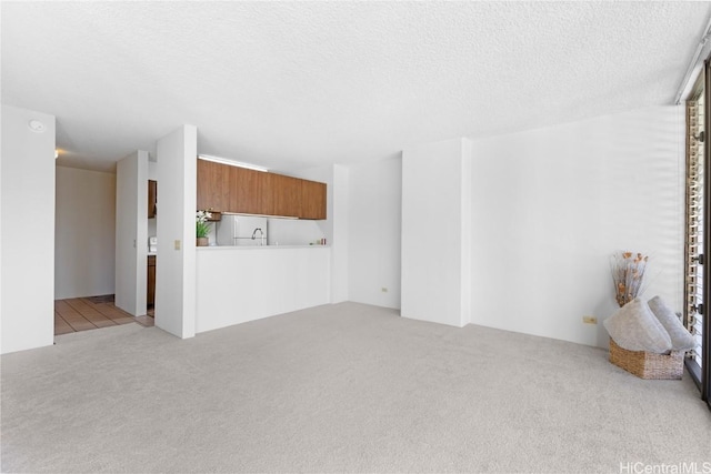 unfurnished living room with light carpet and a textured ceiling