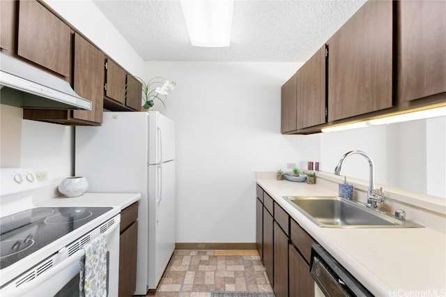 kitchen featuring dishwasher, sink, white electric range, ventilation hood, and a textured ceiling