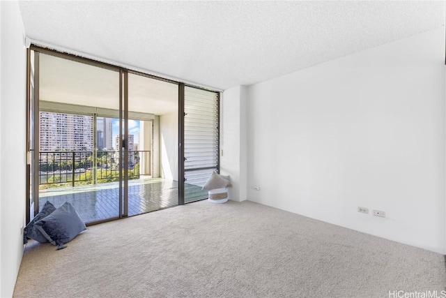 carpeted empty room featuring a wall of windows and a textured ceiling