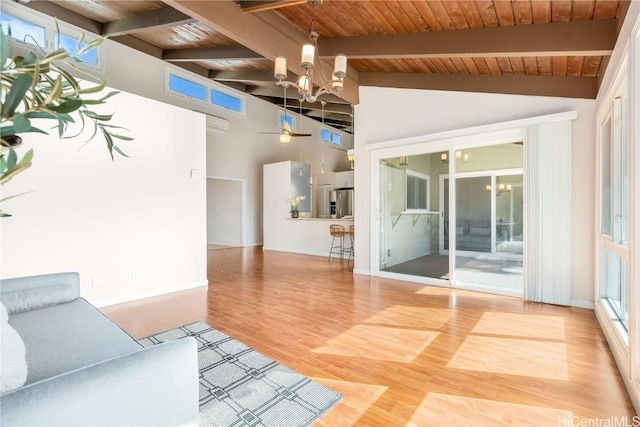 unfurnished living room with hardwood / wood-style floors, an inviting chandelier, beam ceiling, and wood ceiling