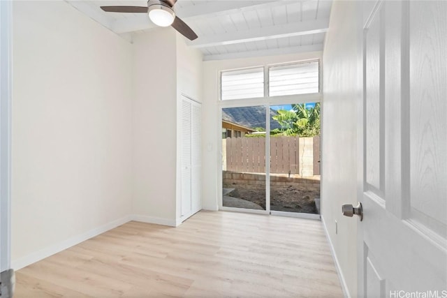 unfurnished room with ceiling fan, baseboards, beamed ceiling, wooden ceiling, and wood finished floors