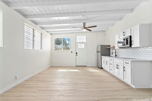 kitchen featuring light wood-type flooring, backsplash, white cabinetry, stainless steel appliances, and baseboards