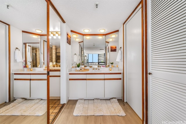 bathroom with vanity, a textured ceiling, and hardwood / wood-style flooring