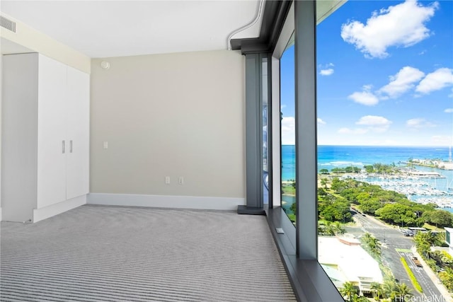 carpeted empty room featuring a water view