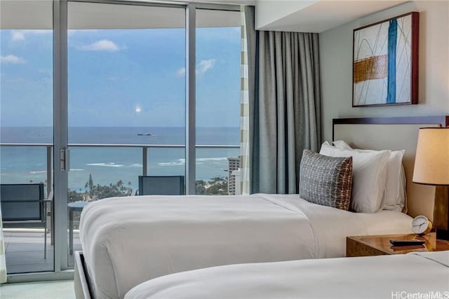 bedroom featuring a water view and multiple windows