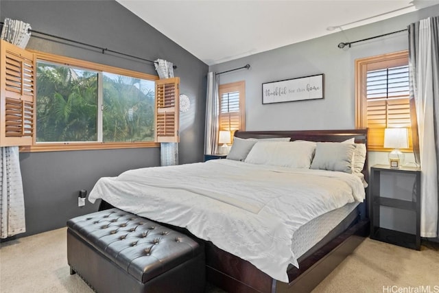 carpeted bedroom featuring lofted ceiling and multiple windows