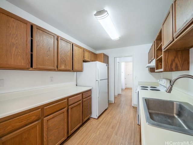 kitchen featuring range with electric cooktop, white fridge, light hardwood / wood-style floors, and sink