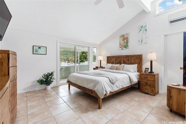 tiled bedroom with a wall mounted air conditioner, ceiling fan, access to exterior, and high vaulted ceiling